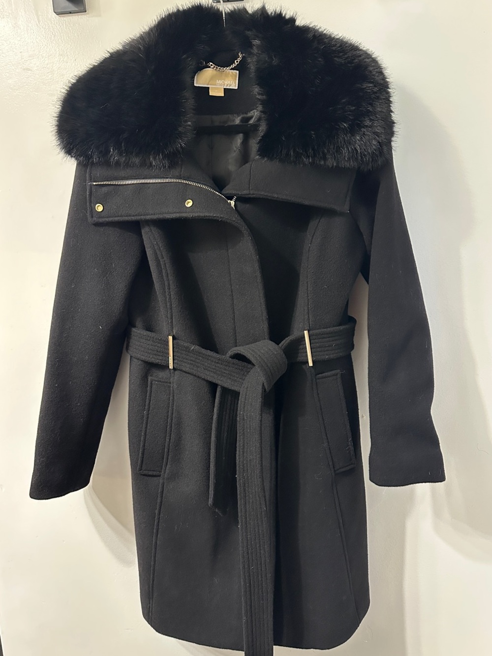 Michael Kors Black Wool Belted Coat with Faux Fur Collar